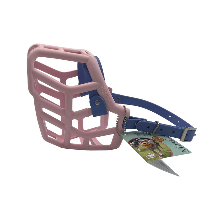 the muzzle movement pastel pink rex dog muzzle with periwinkle straps and nickle hardware on a white background