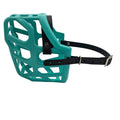 The Muzzle Movement Teal Taz dog muzzle with black straps and nickle hardware on a white background