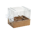A clear acrylic and metal songbird display cage with a wooden base.