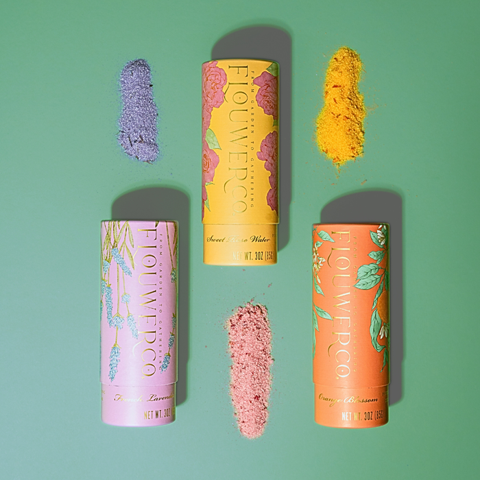 Flouwer Co. Finishing Sugars, featuring floral-infused flavors like French Lavender, Sweet Rose Water, and Orange Blossom
