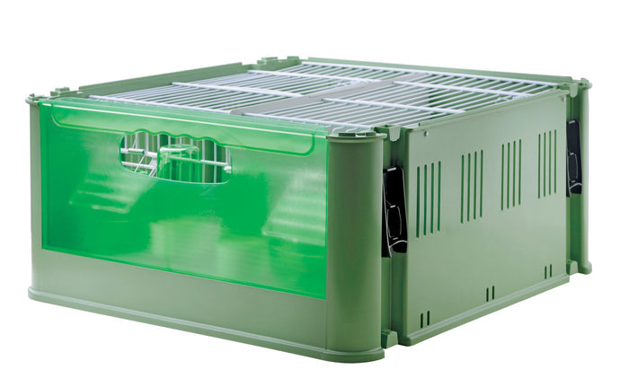 A green Tino bird transport cage with external feeder, featuring a metal structure and a plastic front.