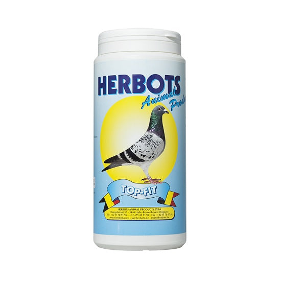 A container of Herbots brand 'Top-Fit' pigeon supplement, with a label featuring a pigeon and the product name.