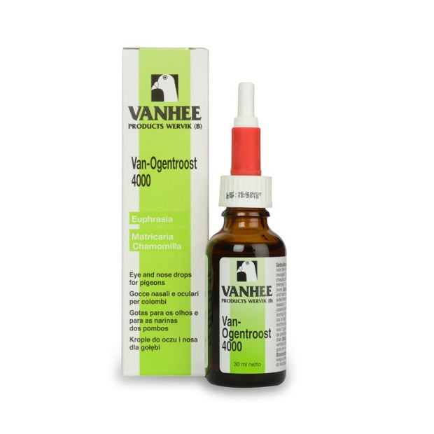 A box and bottle of VAN-OGENTROOST 4000 eye and nose drops for pigeons, with packaging in green and white.