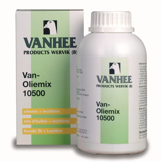 A bottle and box of Van-Oliemix 10500 pigeon supplement oil blend from Vanhee, with product information and branding visible.