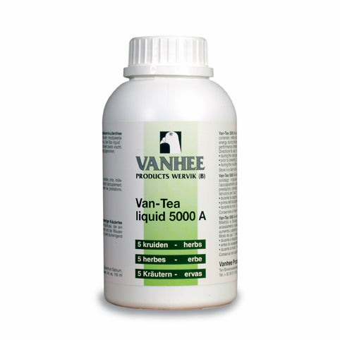 A white bottle with a label showing 'VANHEE PRODUCTS WEVERGEM', 'Van-Tea liquid 5000 A', and a list of herbs such as mugwort, coriander, nettle, thousand-leaf, and goldenrod.