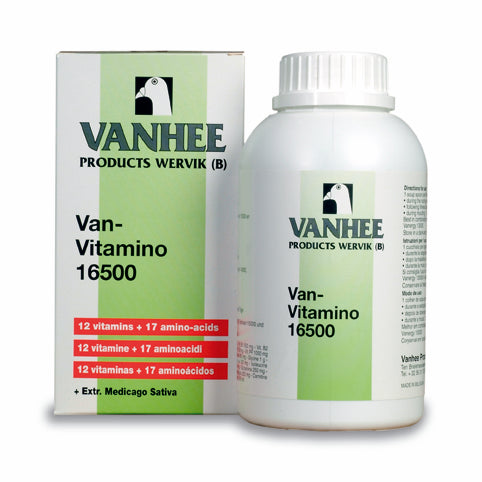 A bottle and packaging box of Vanhee's Van-Vitamino 16500, a liquid conditioning preparation for pigeons containing vitamins and amino acids.