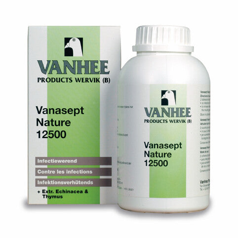 A product packaging for Vanasept Nature 12500, a respiratory health supplement for pigeons.
