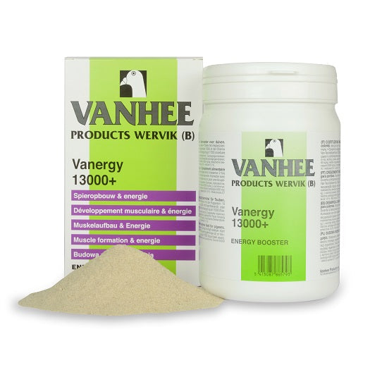 A container of VANHEE Vanergy 1300+ pigeon supplement with its packaging box, showing the product name, purpose, and ingredients like Hydroxycitric acid and Chromium.