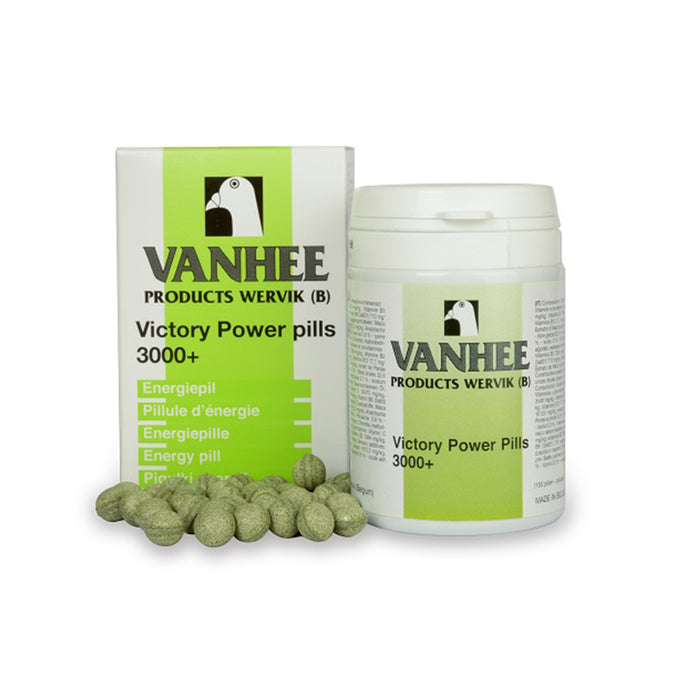 A product image featuring a box and container of Vanhee Victory Power pills 3000+, with individual pills visible in front of the container.