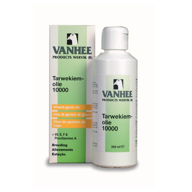 A bottle of Wheatgerm Oil 10000 by Vanhee, with packaging displaying product information and branding.