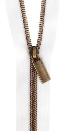 White #5 Nylon Antique Coil Zippers: 3 Yards with 9 Pulls