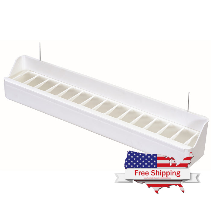 White aviary feeder with hooks and a grill, designed for bird cages and aviaries