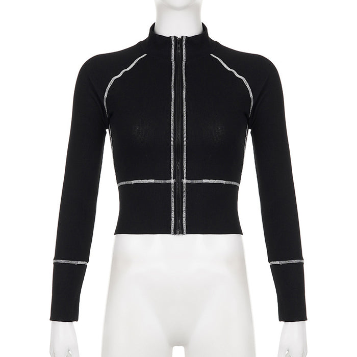 Women's Fashion Casual Contrast Color Zipper Tight Long Sleeve Shirt