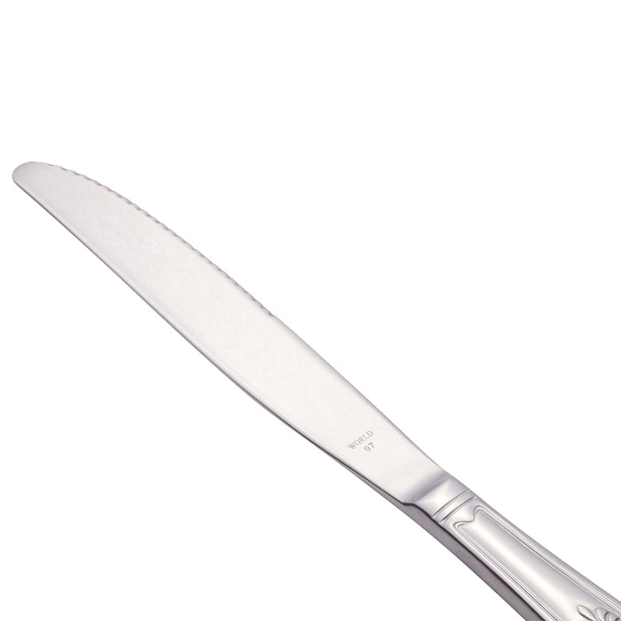 World Tableware 244 5502 Kings 9 1/2" 18/0 Stainless Steel Heavy Weight Solid Handle Dinner Knife with Fluted Blade - 12/Pack