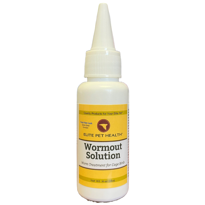 A bottle of Wormer Solution branded bird dewormer by Elite Pet Health.